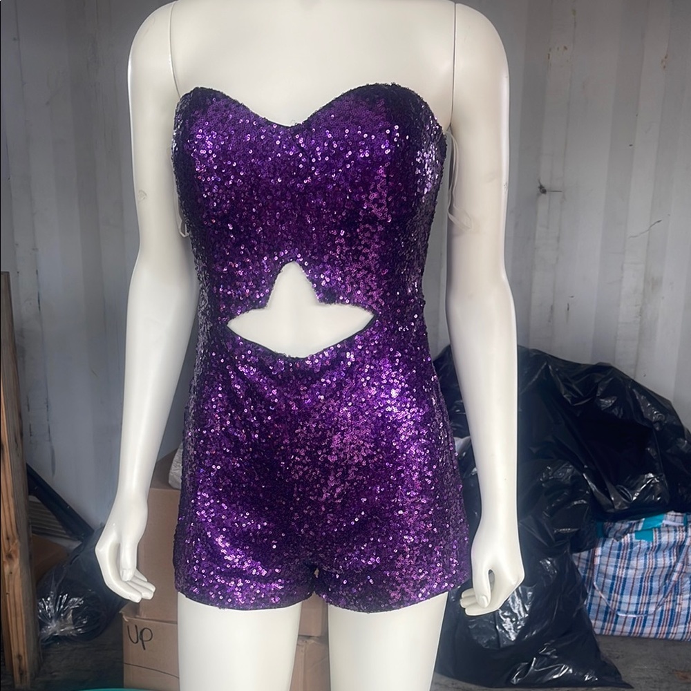 Purple Sequin Strapless Romper